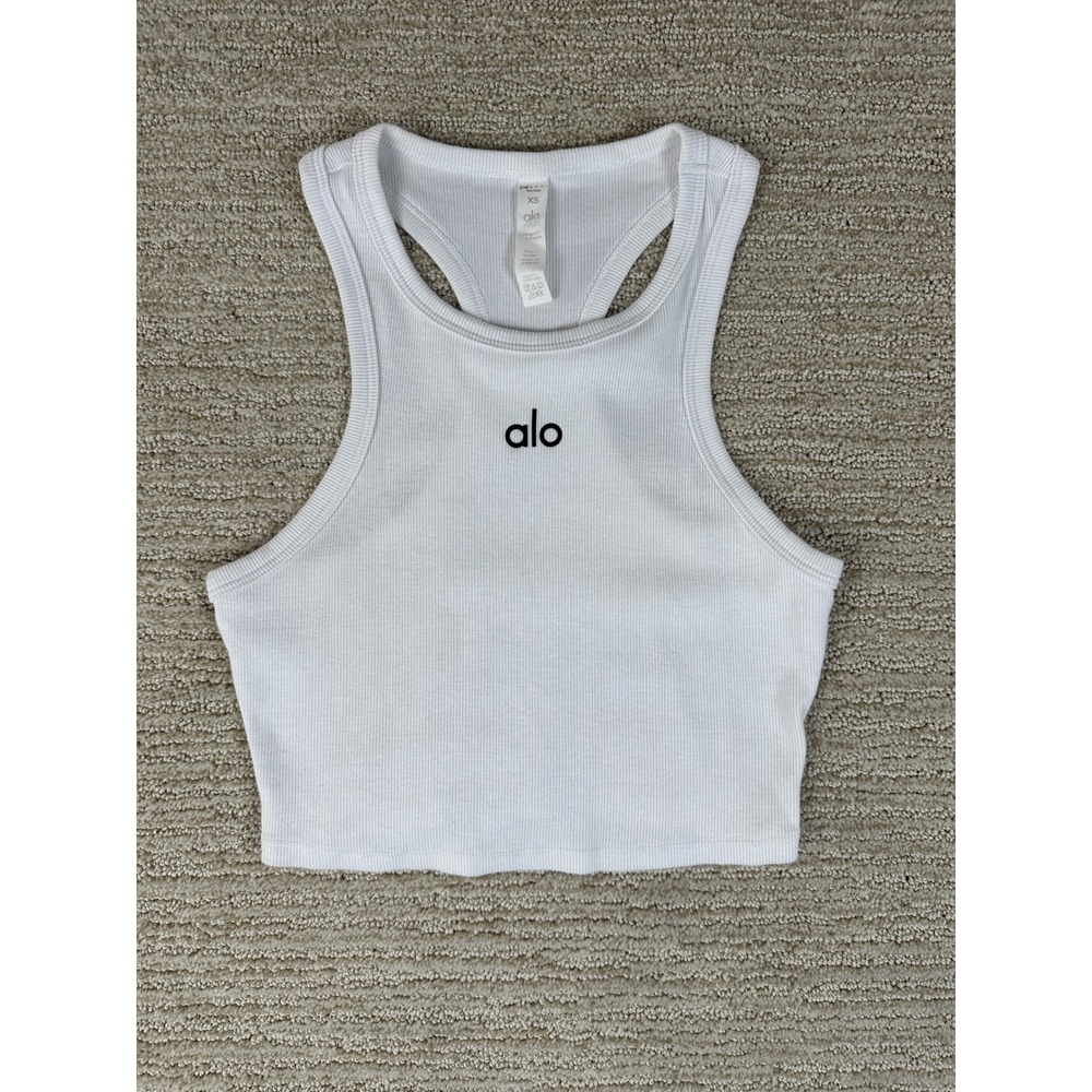 Alo Yoga Aspire Tank Top White Ribbed Racerback Cropped Logo W51062R Womens XS